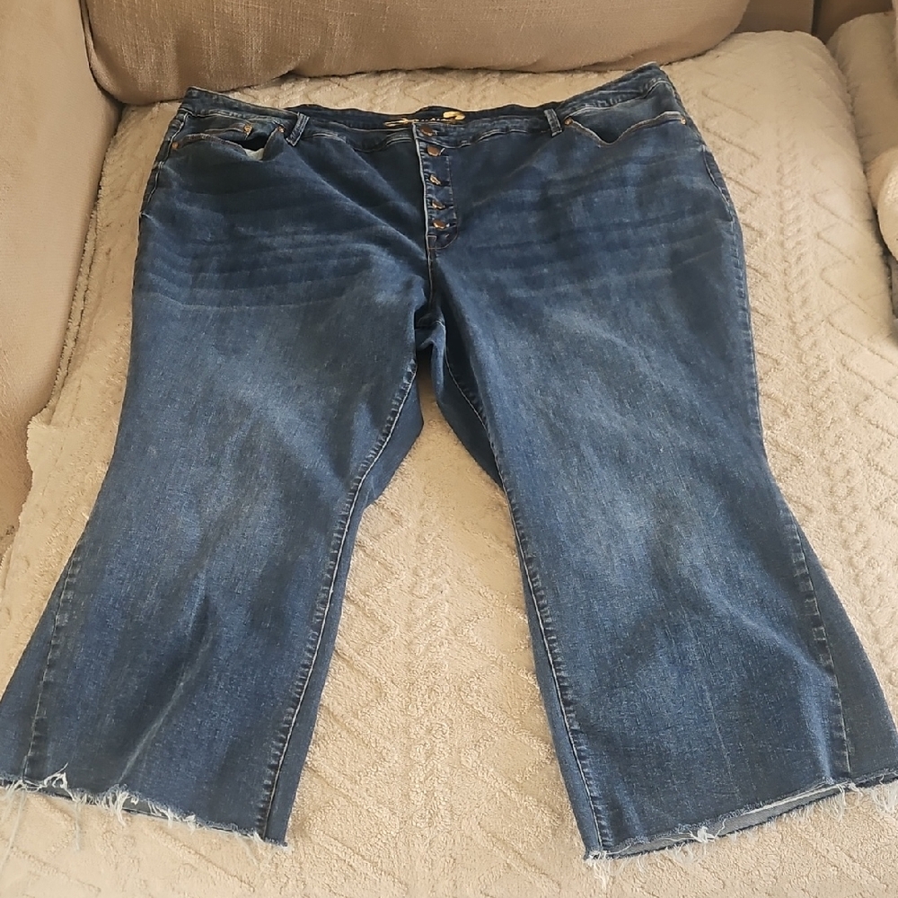 Seven7 High Rise‎ Dark Blue Flare Fringe Bottom  Jeans Size 34/36